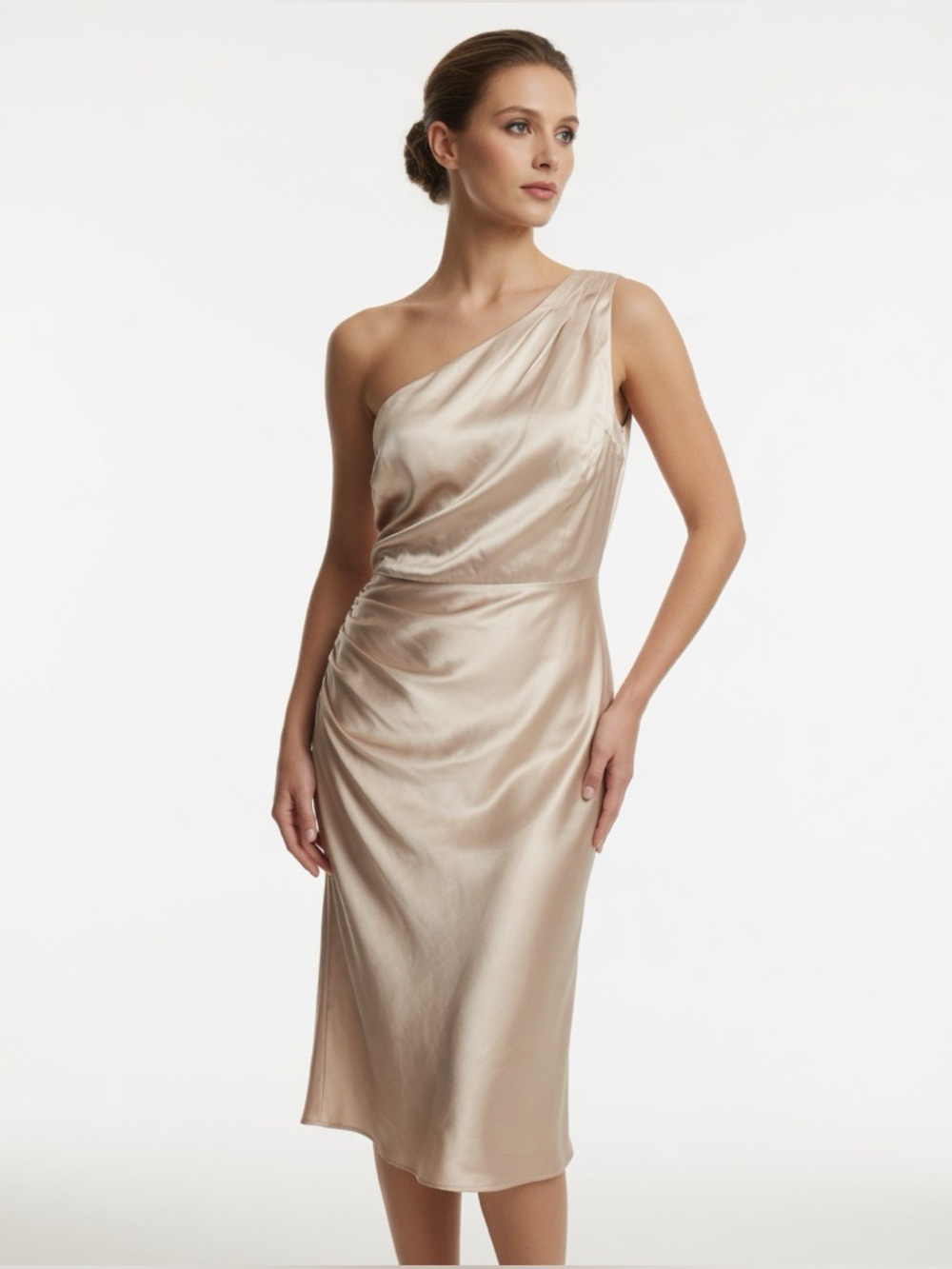 J. Crew One-Shoulder Satin Dress in Champagne Blush 100% Silk SZ 10